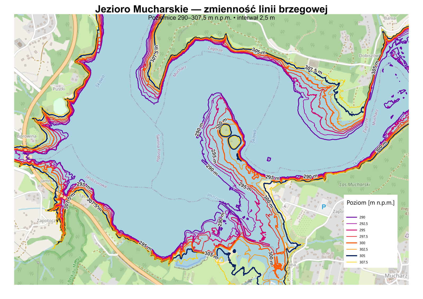 Zbliżenie rejonu Ptasich Wysp i Zagórza na Jeziorze Mucharskim z poziomicami od 290 do 307,5 m n.p.m.