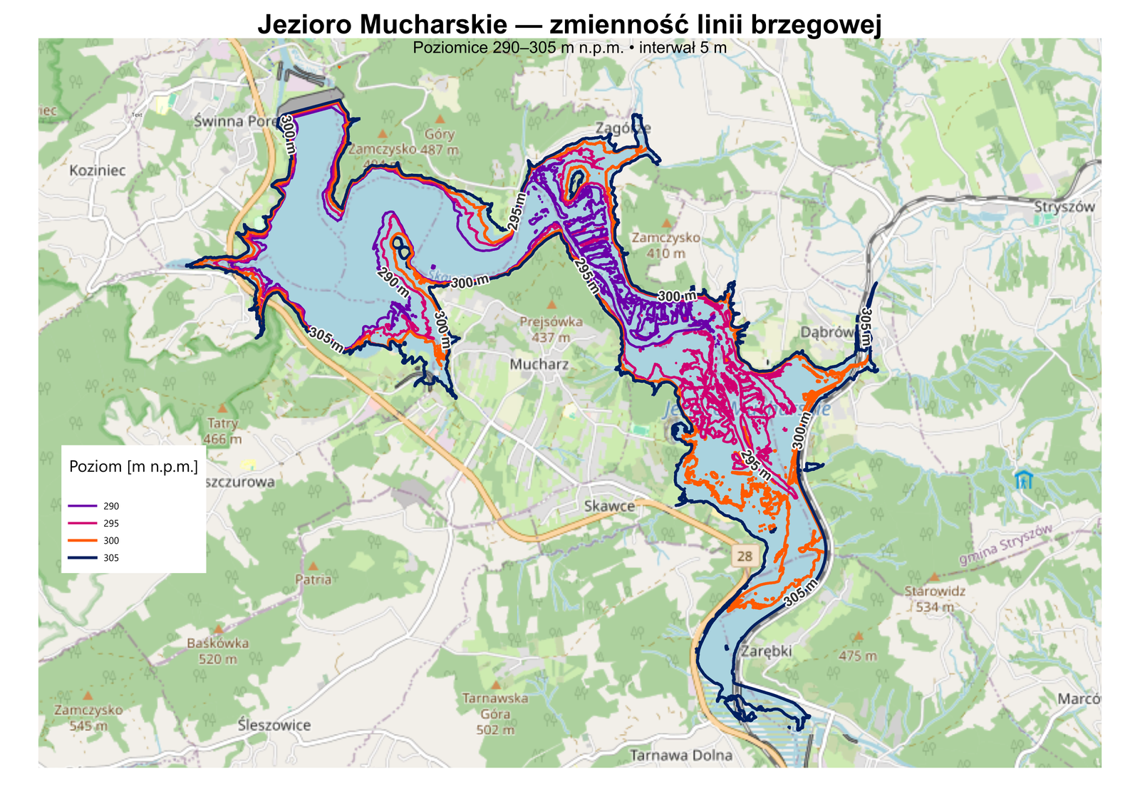 Mapa Jeziora Mucharskiego pokazująca przebieg linii brzegowej dla poziomów od 290 do 307,5 m n.p.m. w interwale 2,5 m